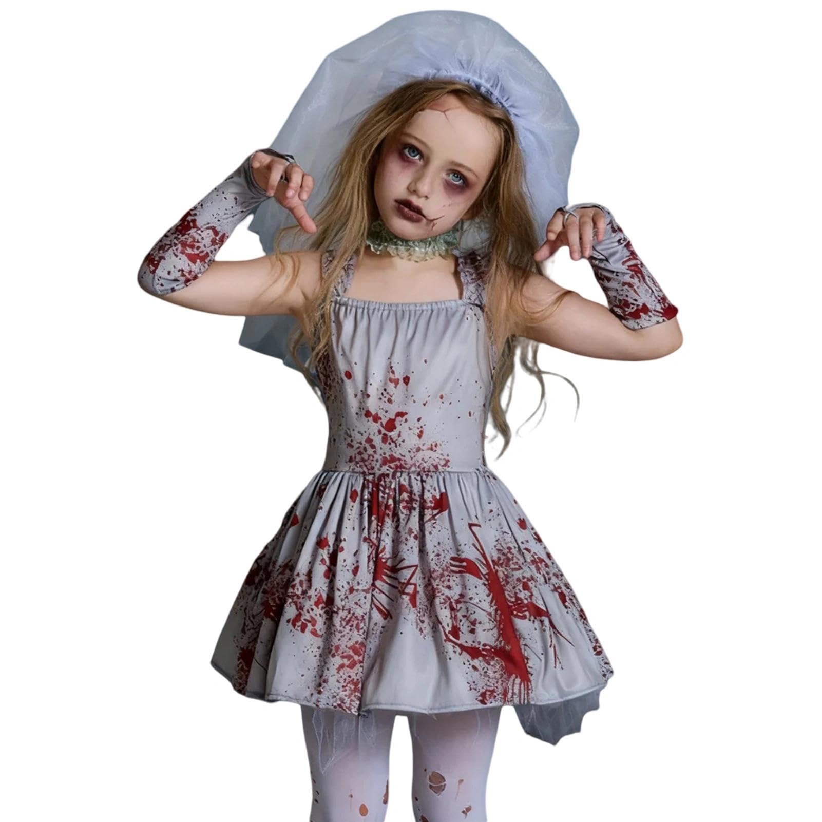 Aleshime Girls Zombie Bride Costume, Childs Gothic Ghost Bride Fancy Dress Costume Halloween Graveyard Bridal Dress for Girls Age 6-14 Years