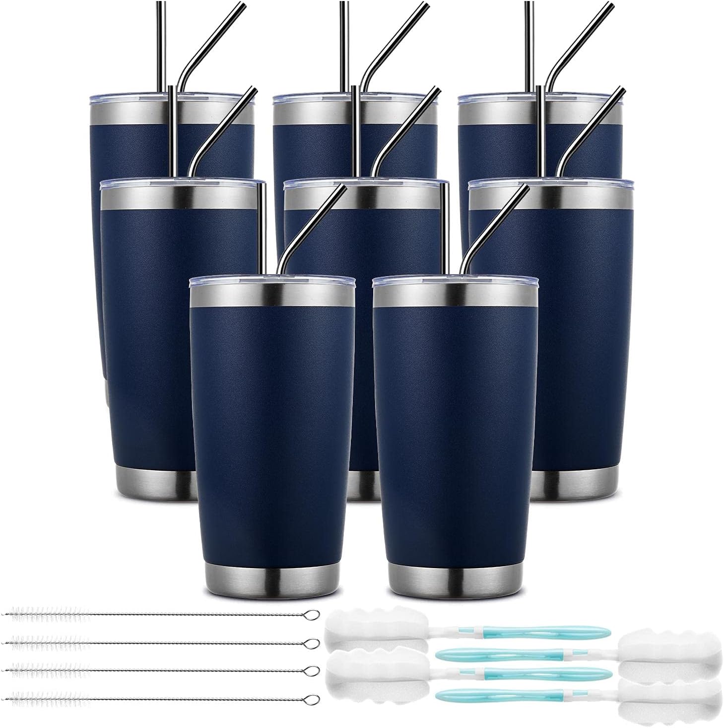 COKTIK 8 Pack 20oz Tumbler with Lid and Straw, Brush, Stainless Steel Double Wall Vacuum Thermal Coffee Cup, Hot&Cold Powder Coated Travel Mug for Home/Office/Outdoor(Navy, 8)