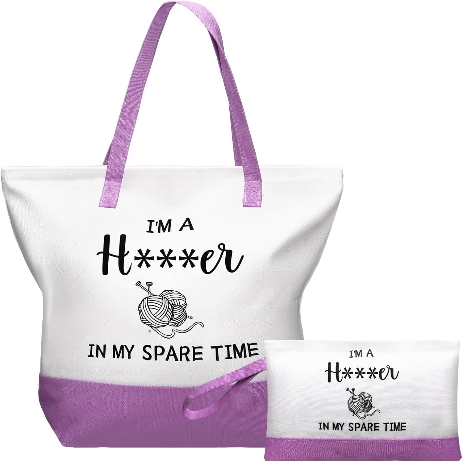 2 Pcs Crochet Lover Gifts for Women, Funny Purple Canvas Bag with Cosmetic Pouch Tote Bag in My Spare Time Crochet Lovers Friends Crocheters Gifts