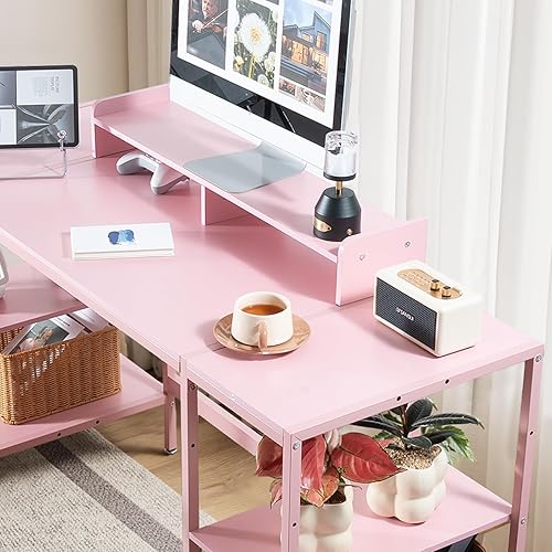 Miniatura 4 de Escritorio para computadora de 55 pulgadas con estante de almacenamiento - Rosa, ideal para dormitorios, espacios pequeños y oficinas en casa,