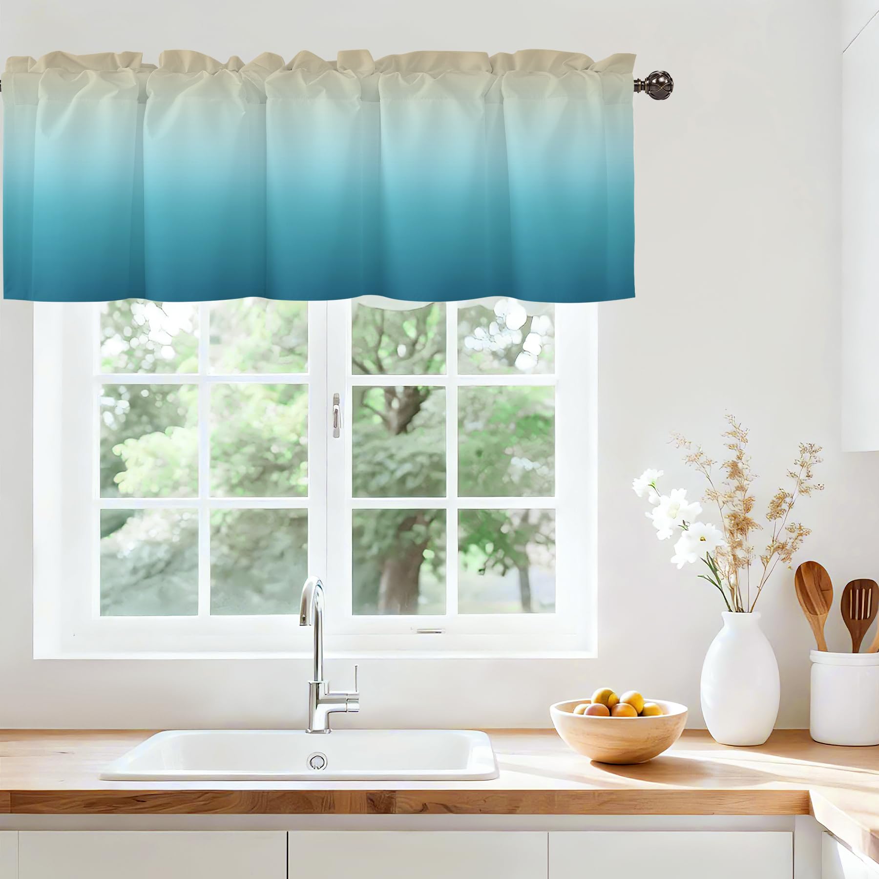 Ombre Kitchen Valances for Windows, Rod Pocket Sheer Short 42x12 in