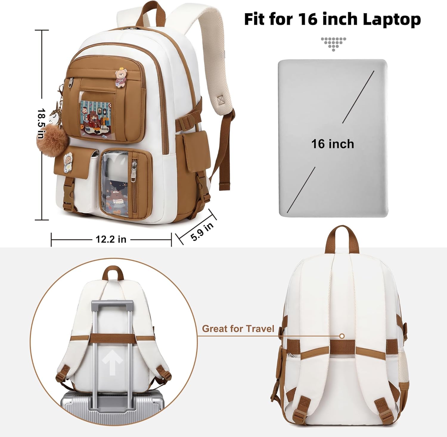 Backpack for Girls with Accessories Laptop Bookbags 16 Inch Kawaii Kids Elementary Middle High School Bag College Travel Daypack Gifts for Teens Women Students (Beige Khaki) - Image 5