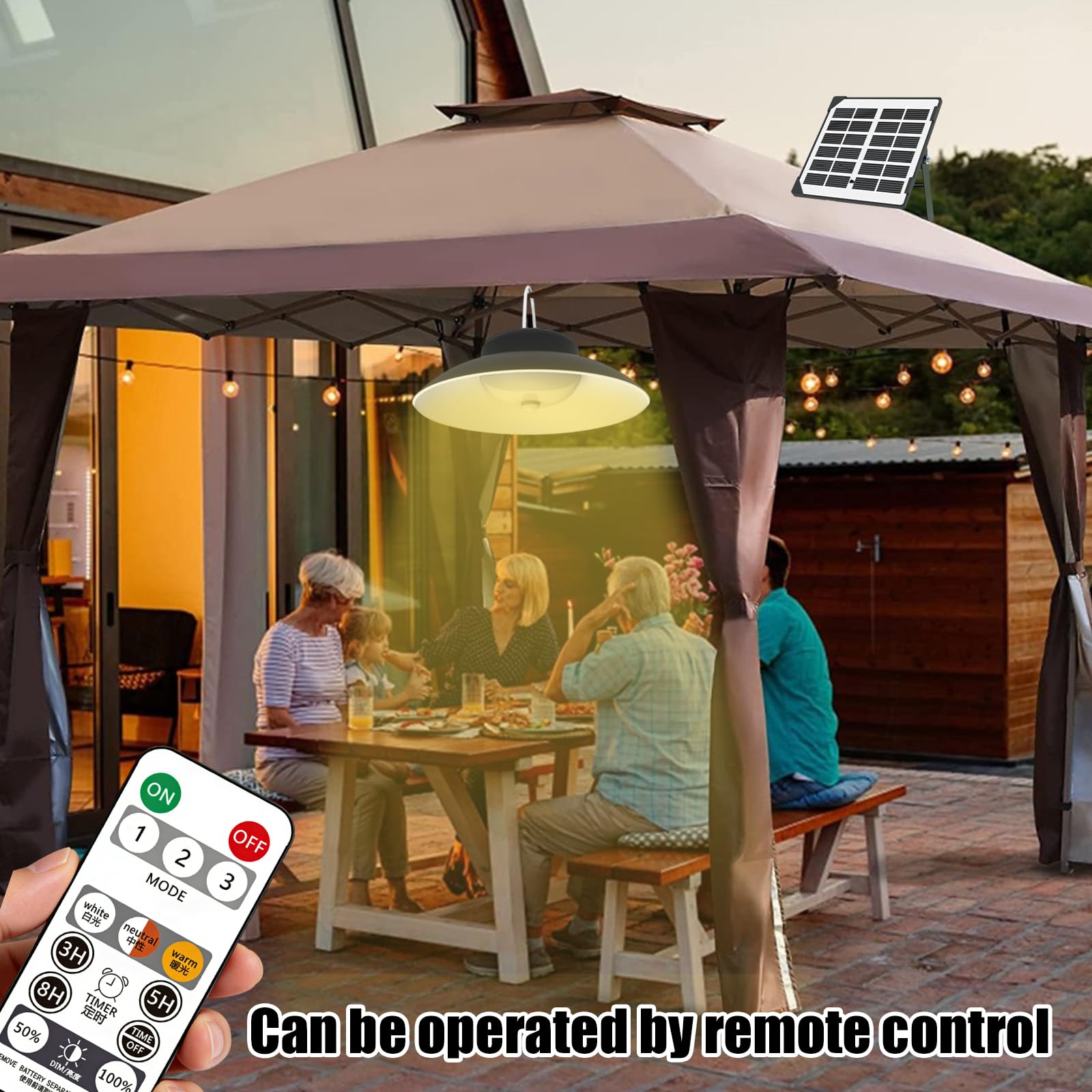 Lámpara de techo solar con mando a distancia, lámpara colgante solar para exterior, lámpara colgante interior, 3 temperaturas de color, lámpara solar para exterior, IP65, resistente al agua, para