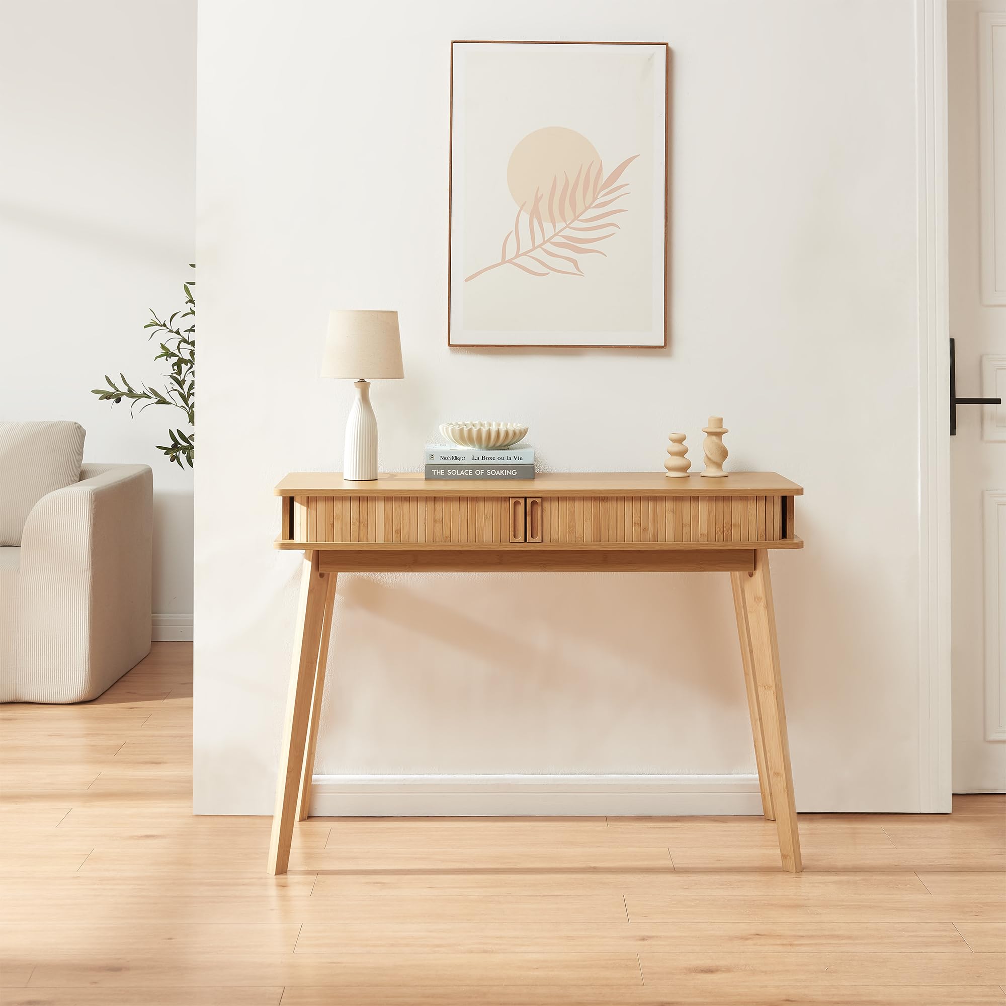 [en.casa] Tavolo a Consolle con 2 Ante Scorrevoli e Gambe in Bambù Mobile Alto Stretto Tavolo da Ingresso con Vani Chiusi per Soggiorno Studio 110 x 40 x 78 cm - Naturale