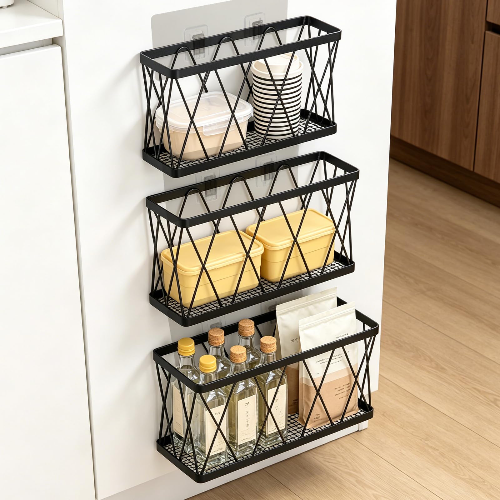 Cozary 3 Pieces Kitchen Cabinet Door Storage Box No Drilling Self Adhesive Kitchen Cabinet Door Storage Rack for Cupboard Bathroom Fridge Small Items Organizer Black