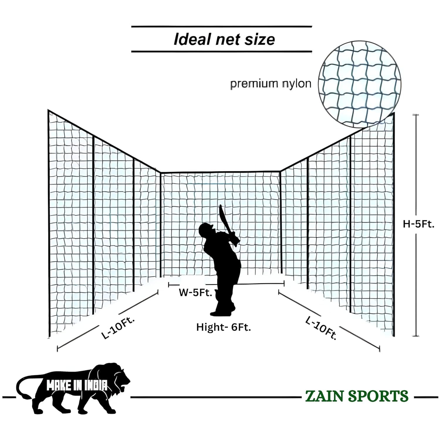 Zain Sports Cricket Batting Practice Net, Nylon Green Net 0.75mm - Thickness, Best Sports Net for Outdoor Backyard Training (Green-5x10ft) 3