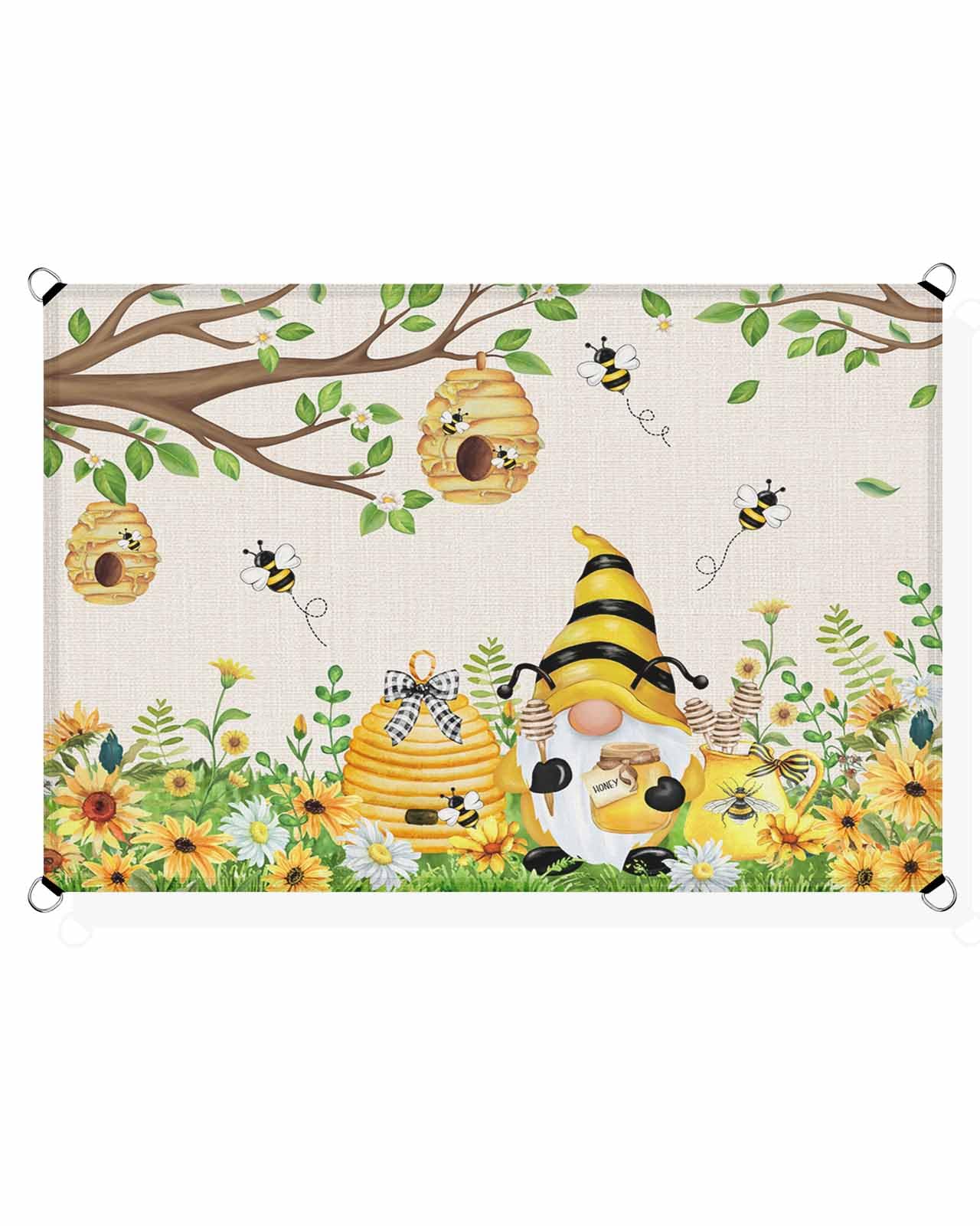 Sun Shades Outdoor Patio Covers for Shade & Rain, Farmhouse Sun Sail Shades Waterproof, Bee Gnome Sunflower Daisy Yellow Sun Shade Sail UV Protective for Backyard/Garden/Deck/Pool 6.5x10 ft