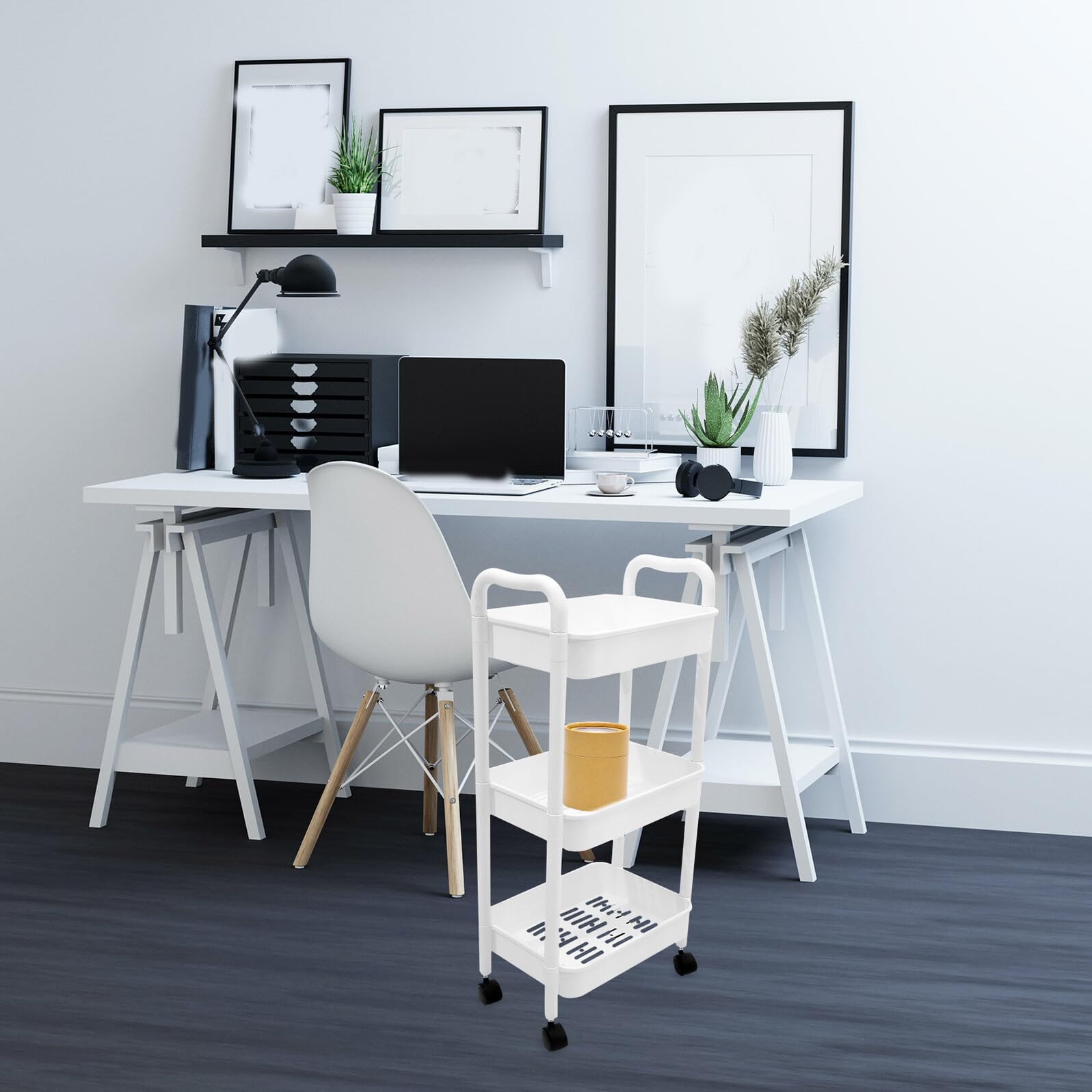 Yardenfun Carrello Portaoggetti Multiuso Design Robusto e Semplice a 3 Livelli Bianco in Pp con Ruote Scaffale Salvaspazio Mobile per Bagno e Ufficio