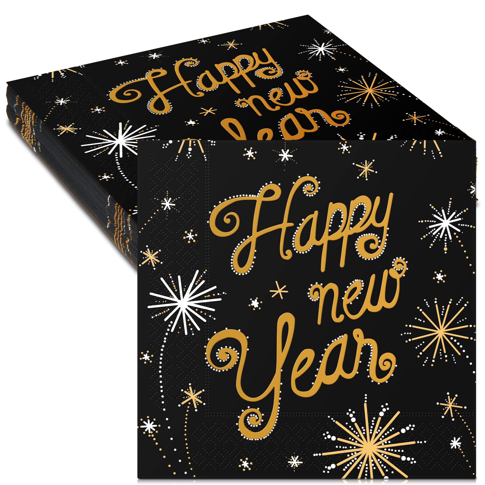 Patelai 40 Pcs Happy New Year Napkins 33 x 33 cm New Years Eve Disposable Napkins Black Gold Paper Napkins Serviettes 2025 New Year Eve Party Supplies Decorations(Firework Style)