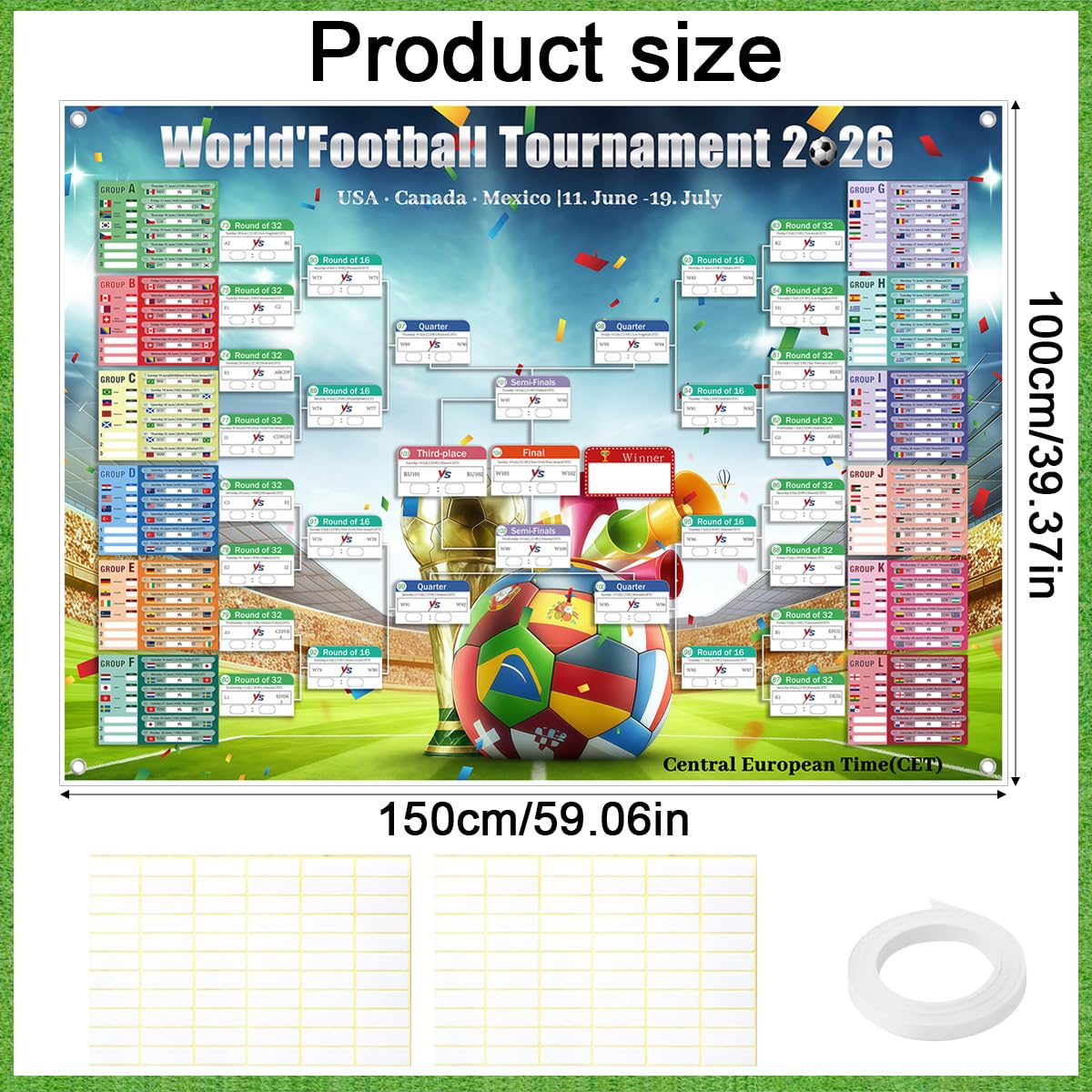 Póster de Calendario de la Copa del Mundo 2026,150x100 cm,con pegatinas de corrección de cuerda para colgar,Incluye 48 Equipos Participantes e Info de Partidos,para Salón Bar Fiesta (150x100)