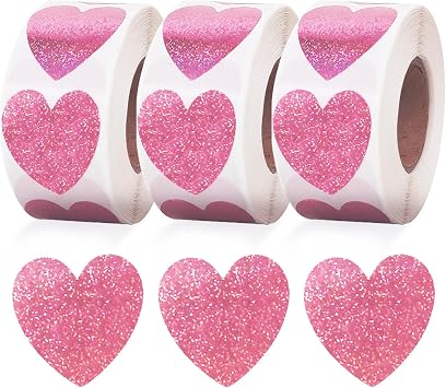 Vuzvuv 1500 Labels Shiny Pink Heart Envelope Stickers Roll Labels-1 Inch | Paper Strong Adhesive Stickers,Large Quantity Set 1500pcs Total, for Envelopes Seal, Gifts, Wedding, School & Office Decor