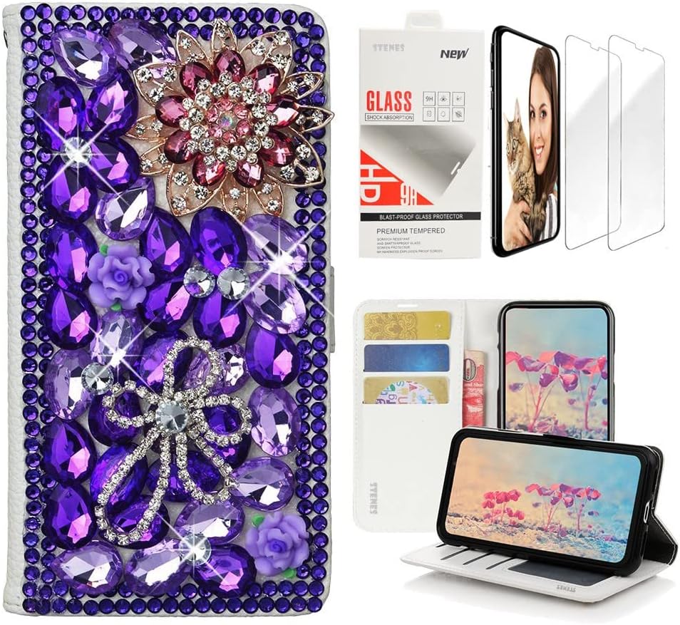 STENES Bling Wallet Phone Case Compatible with T-Mobile REVVL 7 Pro - Stylish - 3D Handmade Rose Butterfly Flowers Design Leather Girls Women Cover with Screen Protector [2 Pack] - Violet