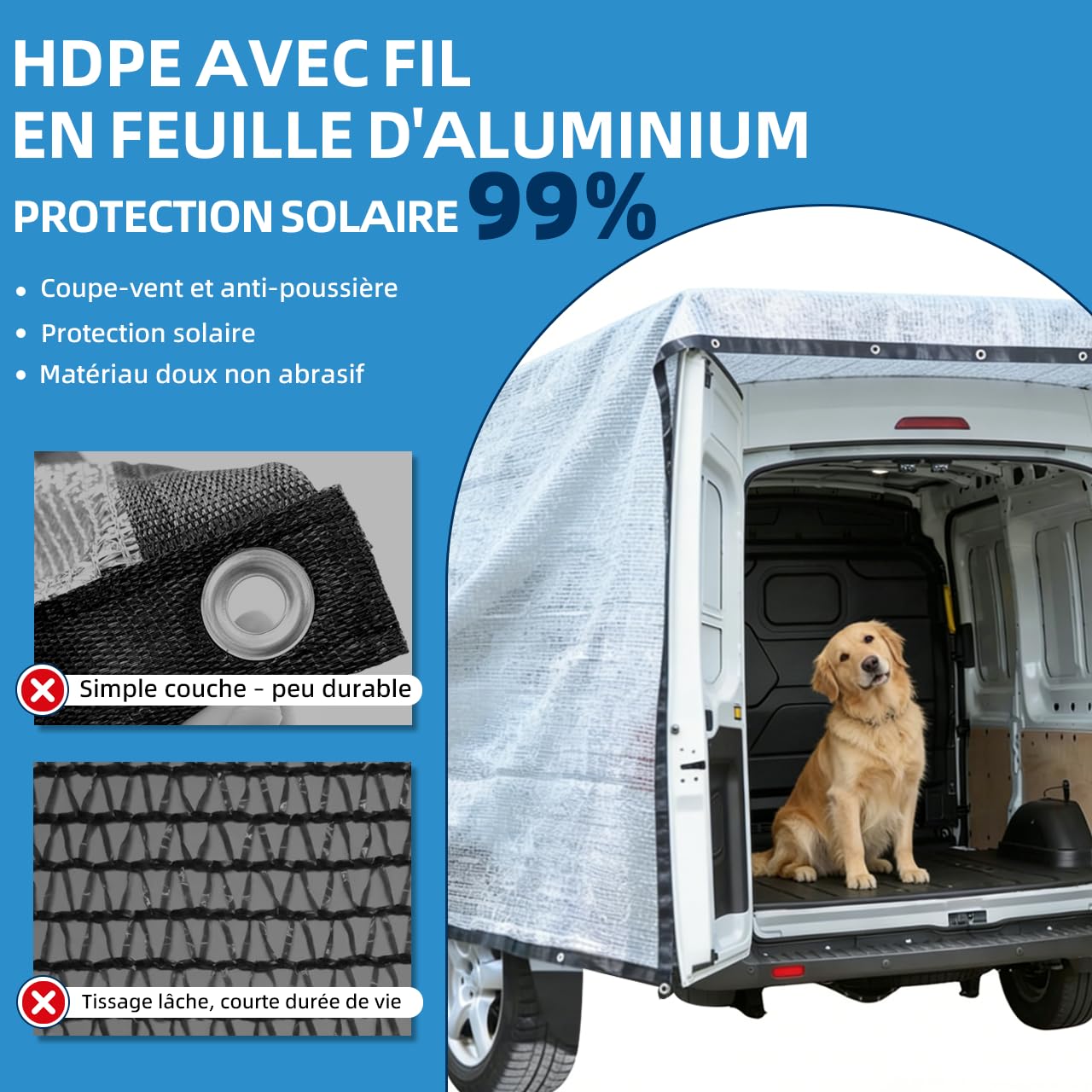 Filet de protection solaire pour voiture et animal de compagnie, filet de protection contre la chaleur en film d'aluminium, filet de protection solaire pour VW T4/T5/T6, Vito, Ford Transit Custom
