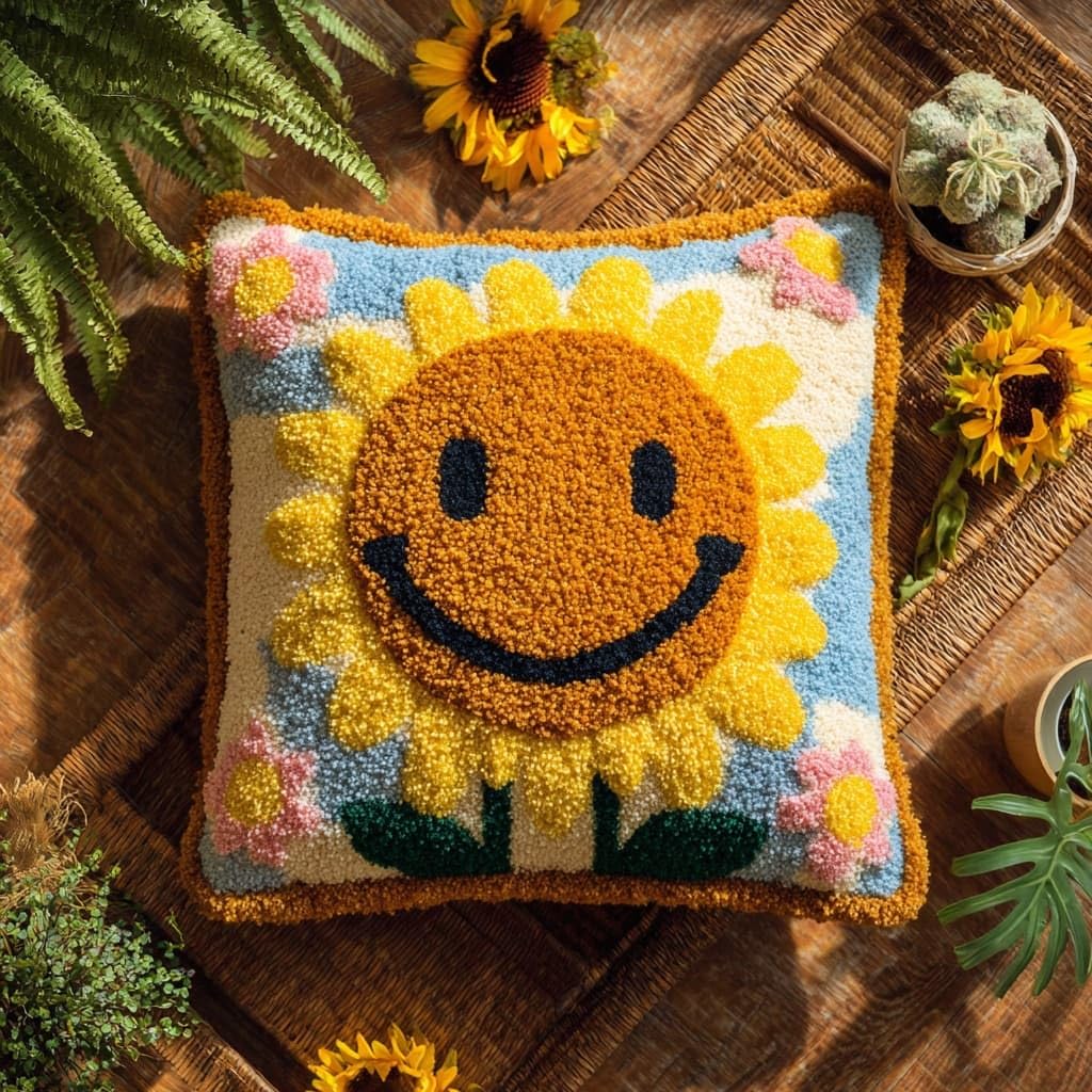 AxiangziK Latch Hook Cushion Kits for Adults,Smiling Sunflower Pre-Printed DIY Embroidery Cushion Cover,17x17in Pillow Making Kit Home Sofa Festive Decor & Gift