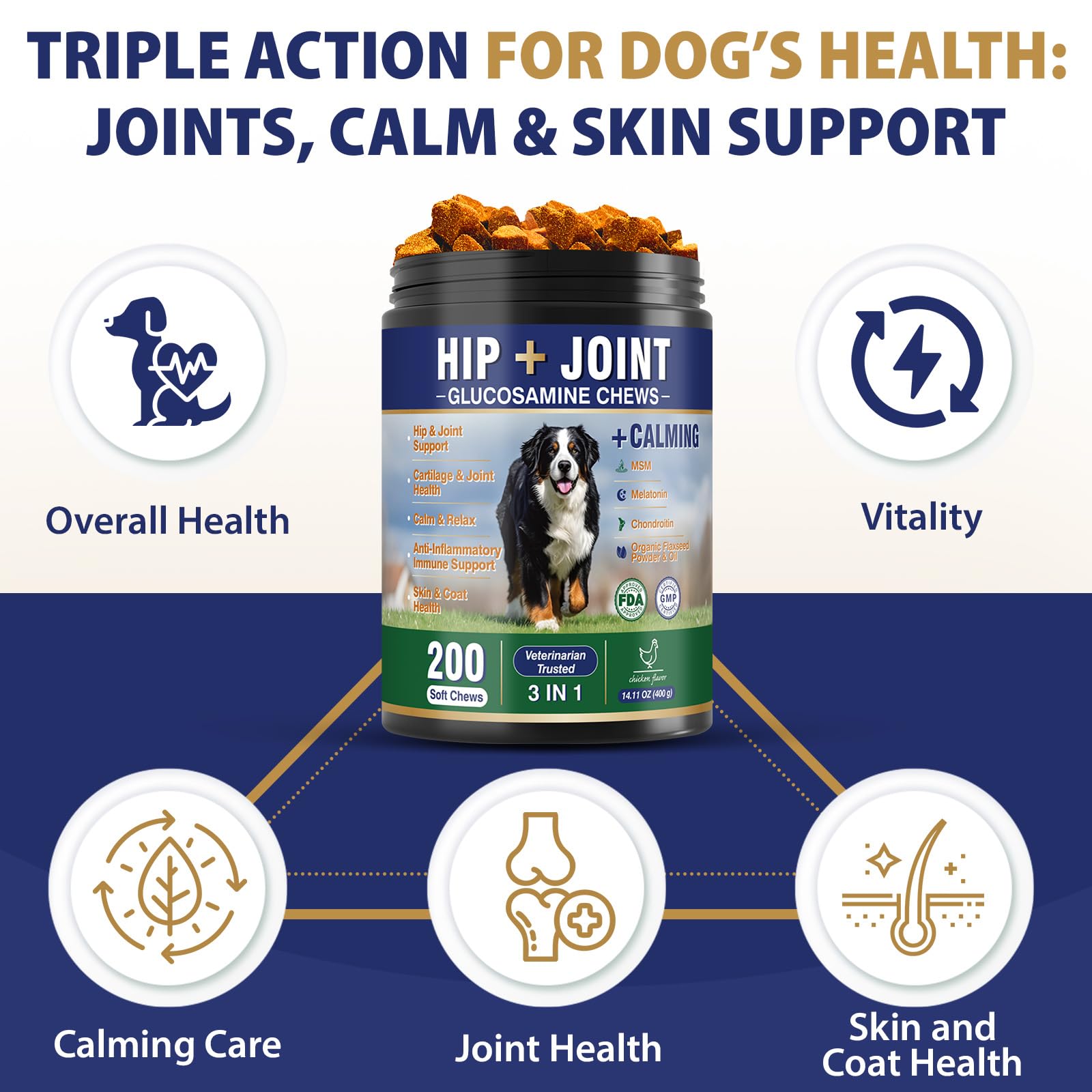Hip and Joint Supplement for Dogs 200 Dog Calming Chews with Glucosamine, Chondroitin, Msm, Omega3, Melatonin for Senior Dogs Anxiety Pain Relief Anti Inflammatory Small/Medium/Large Dog -Chicken - image 2