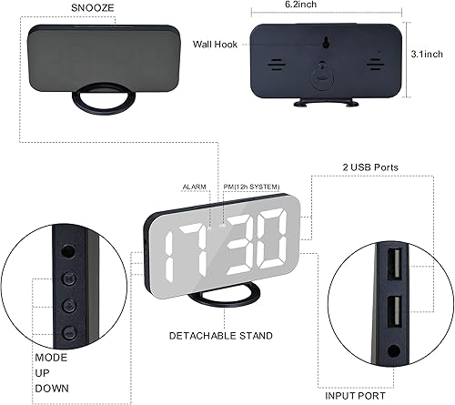 Miniatura 5 de Despertador para dormitorio, LED y espejo digital de pantalla grande, con 2 puertos de cargador USB, función de posponer, reloj de paredescritorio