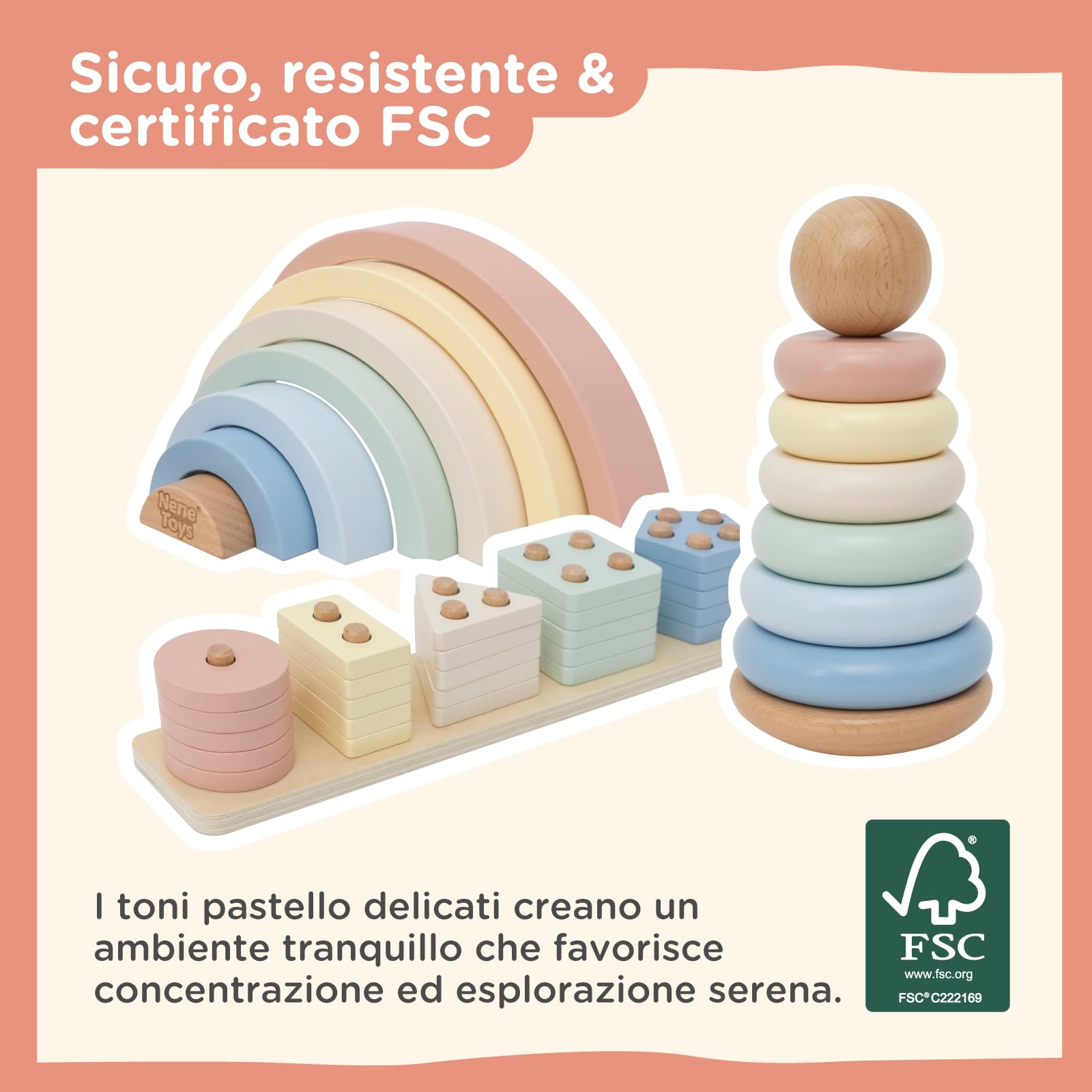 Nene Toys Giocattolo Montessori in Legno 3-in-1 per Bambini 1 Anno – Arcobaleno in Legno, Torre da Impilare & Gioco di Incastro – Gioco Educativo 1–3 Anni – Idea Regalo Bimba Bimbo – Colori Pastello