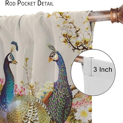 Miniatura 6 de Cortina opaca con estampado de pavo real, con estampado de animales retro, con bolsillo para cortinero y flores de peonía doradas, para dormitorio,