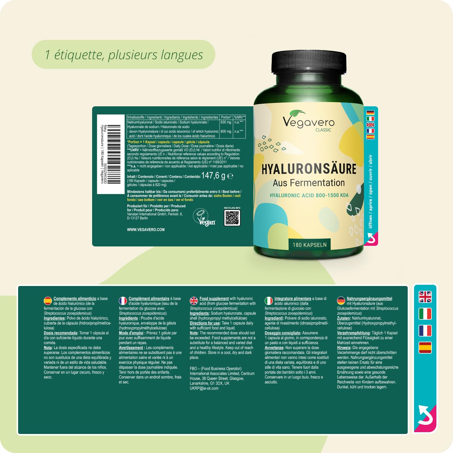 Acide Hyaluronique Pur Vegavero® 600 mg | 100% Naturel | 180 Gélules | VEGAN & Sans Additifs Artificiels | Anti-âge et Articulations