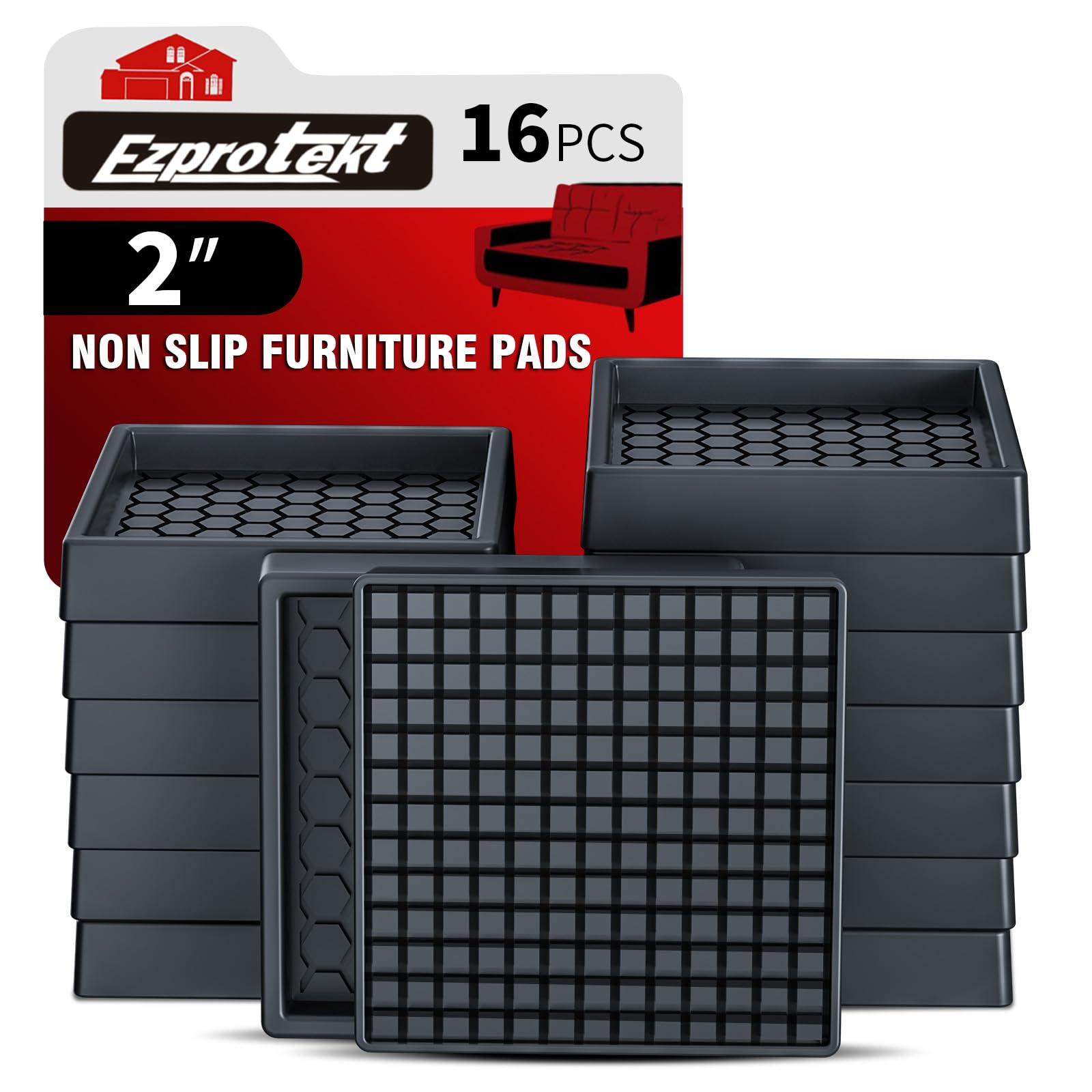 Ezprotekt Non Slip Furniture Pads, 16 Pcs 2" Anti Slip Rubber Caster Cups, Anti Skid Furniture Coasters for Hardwood Floors, No Slide Furniture