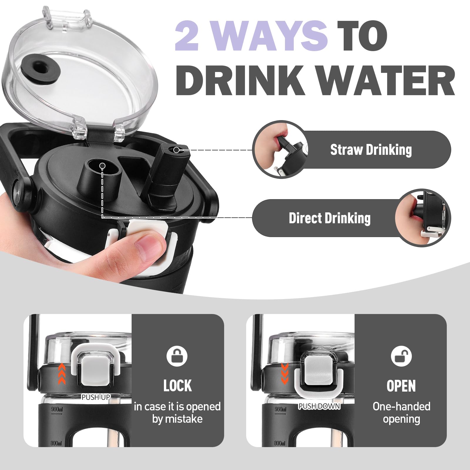 BLUEGO 960ml Bottiglie d'acqua in vetro con cannuccia e indicatore del tempo Bottiglia d'acqua sportiva grande con custodia in silicone 0,96 litri Brocca d'acqua in vetro per palestra, Nero