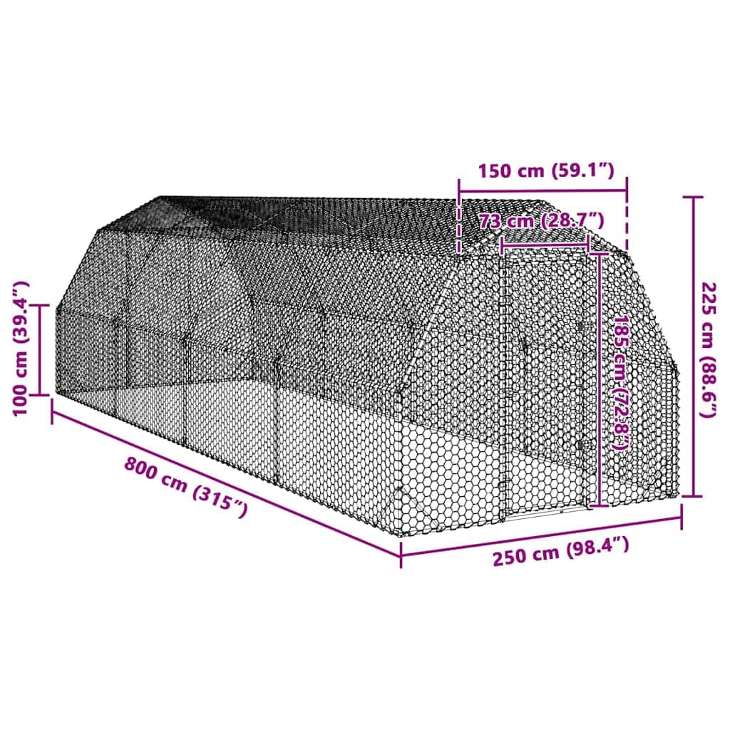 Gallinero de 2,5 x 8 x 2,25 m, de acero galvanizado, con puerta con cerradura y malla de alambre, jaula grande para gallinas, patos y gansos