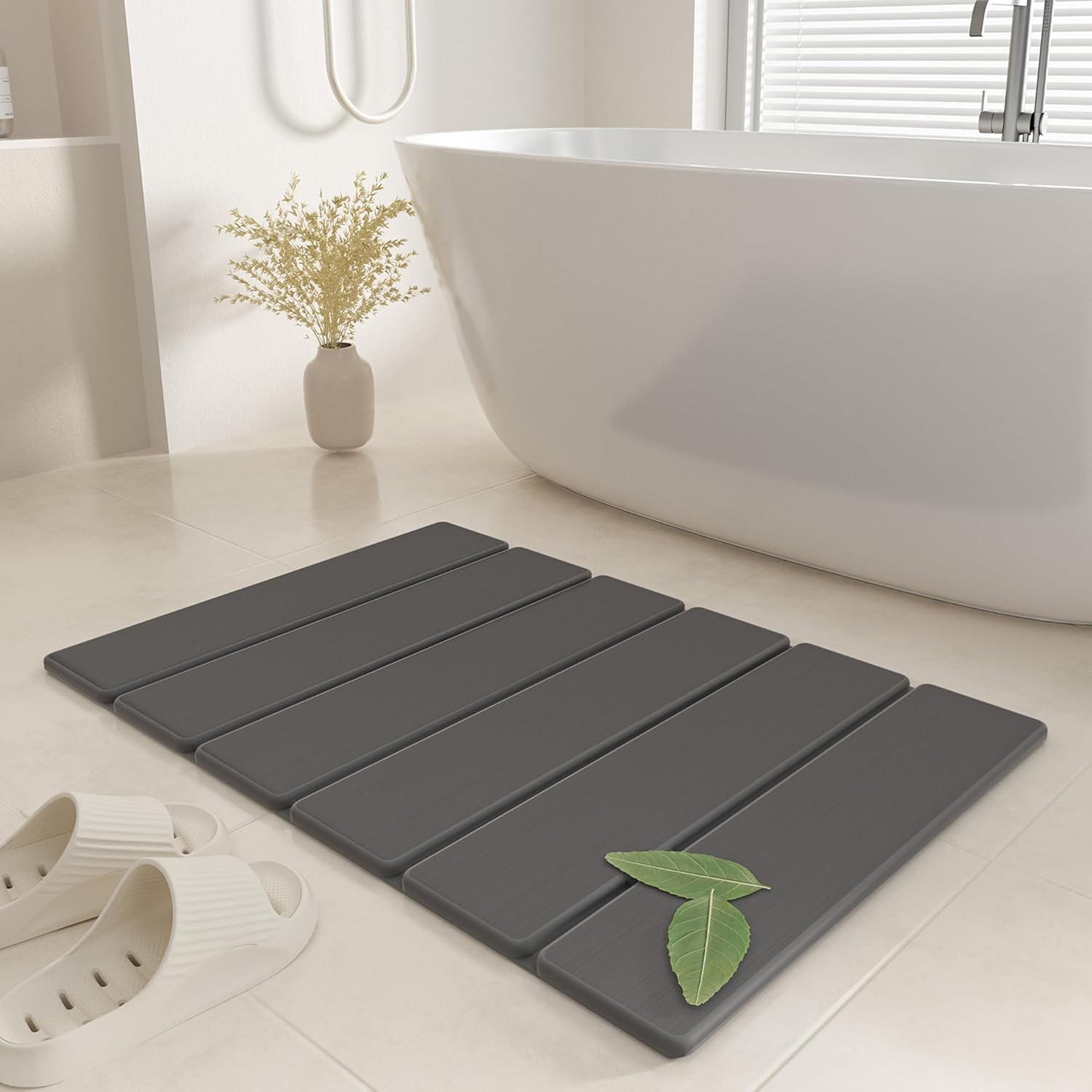 Stone Bath Mat – Foldable Diatomite Bath Mat, 23.81 x 15.35”, Non-Slip, Super Absorbent, Quick Drying Bathroom Mat | Easy to Clean Shower Floor Mat, Dark Gray
