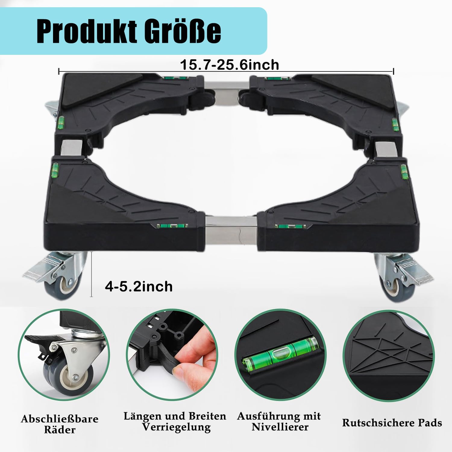 Base per lavatrice con 4 tubi bloccabili, altezza 11 cm, base per lavatrice, per frigorifero, asciugatrice, lavastoviglie, nero (regolabile 40-65 cm)