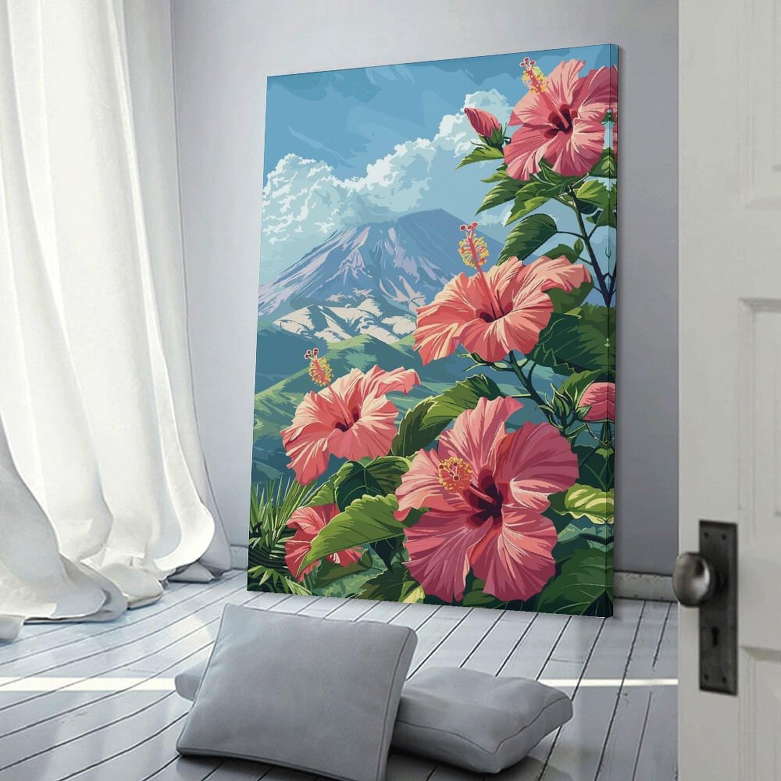 Junmoney Decorative Wall Artwork Hibiscus And Mountain, 24x36inch(60x90cm), for Living Room, Bedroom Or Apartment Walls, Decorative Artwork for Empty Walls