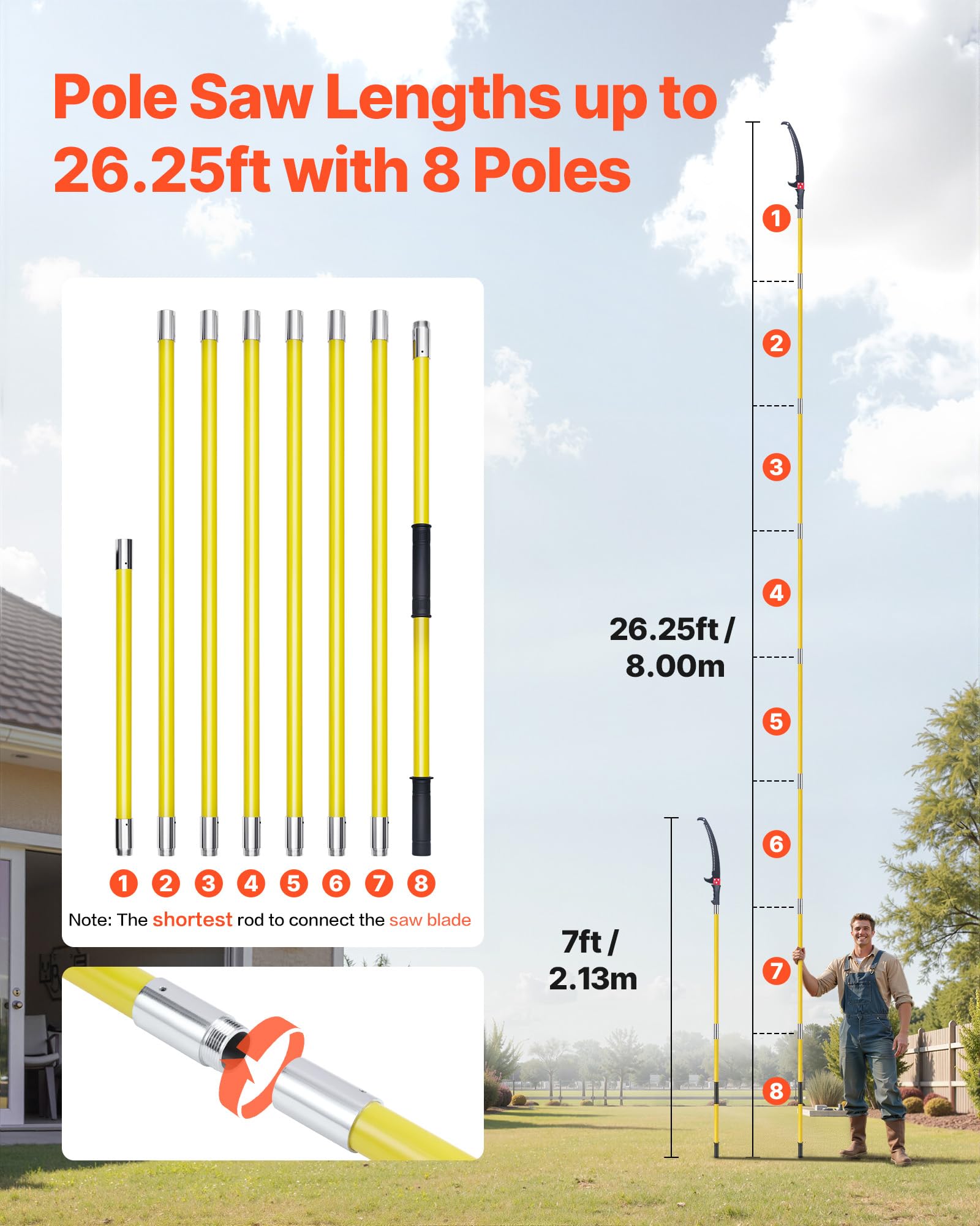 VEVOR Scie d'Élagage Extensible 1,17-8 m Scie à Perche Extensible Manuelle