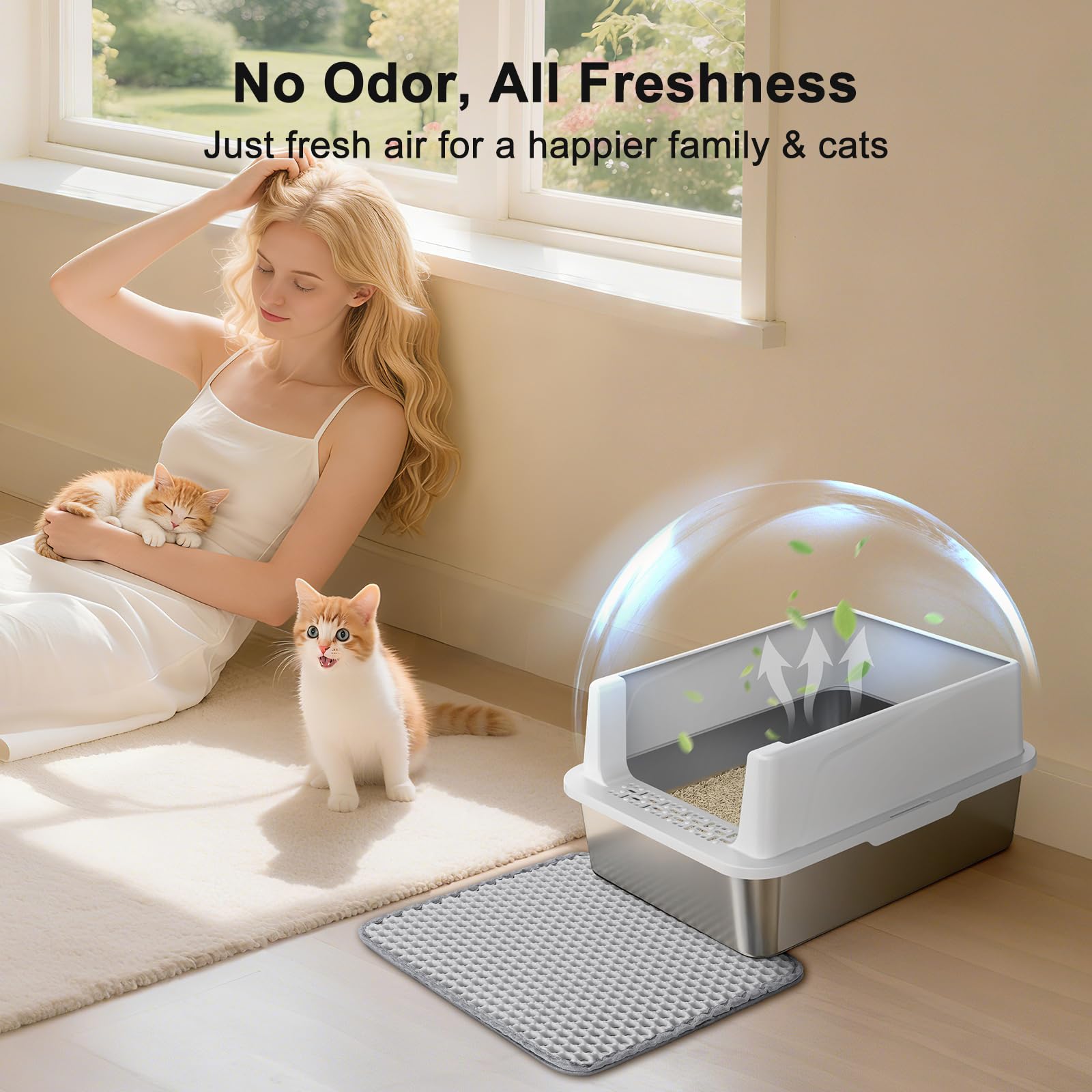 FURTIME Stainless Steel Cat Litter Box with Lid, Metal Kitty Litter Box for Small Cats, Kitten Litter Boxs with Scoop and Mat, Non-Sticky, Anti-Leakage, Easy to Clean, 17.4"x13.4"x8.4" (Small)