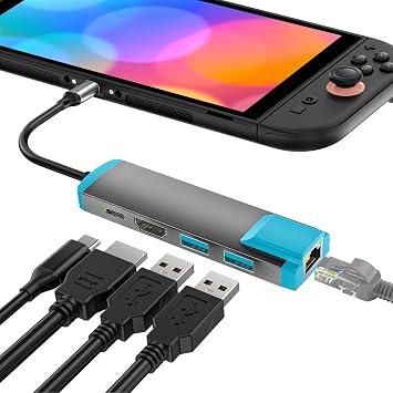 USB C to HD Adapter for Switch2/Switch/Switch OLED/Steam Deck,Replacement for Official Switch 2 Dock,USB C Docking Station with 4K@60Hz HD Port/Type C Port/USB 3.0 Port/1000M LAN