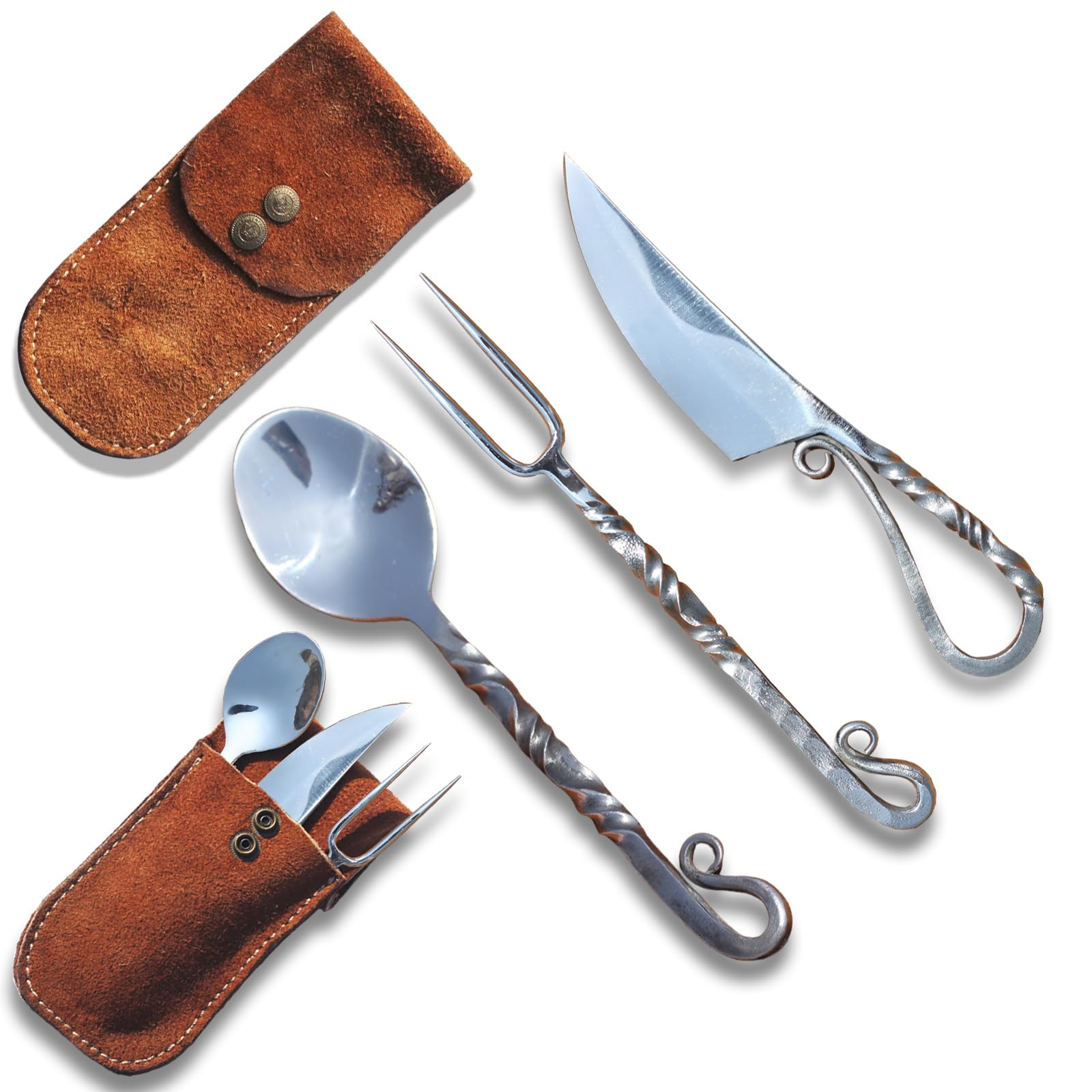 Customize Viking 3-Piece Medieval Cutlery Set, Hand Forged Feasting Set, Twisted Pattern Eating Utensils, Carbon Steel Flatware With Leather Pouch