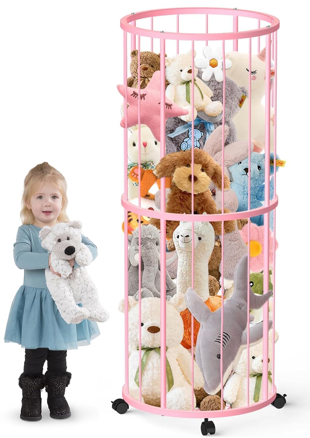 OGFC 72100 Metal Stuffed Animal Zoo Storage, Extra Large Plush Stuffed Animal Holder Round, Kids Toy Storage Organizer Shelf Wheels for Girls Nursery Playroom Bedroom Organization.-picture-27