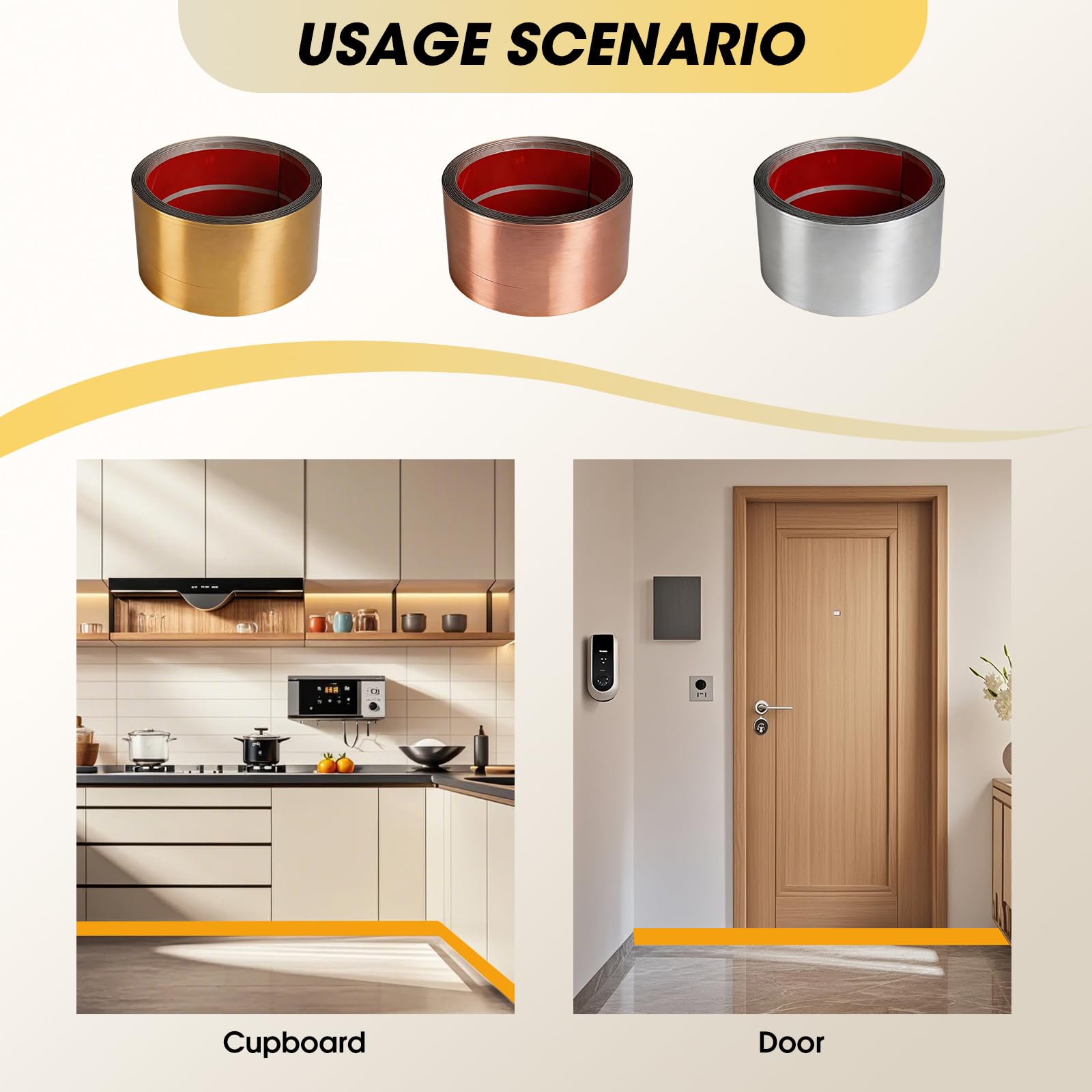moldura autoadhesiva de techo de acero inoxidable extraíble y adhesivo, cubierta de zócalo autoadhesiva, acabado de metal, para pared, puerta, armario (dorado)