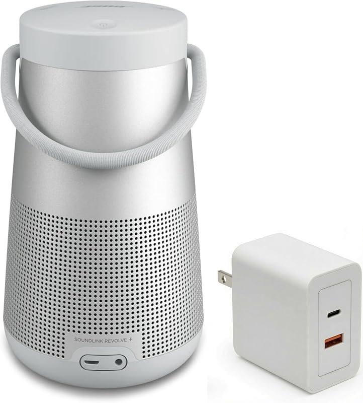Paquete de parlantes Bluetooth SoundLink Revolve+ (Serie II) con cargador rápido, portátil con micrófono, inalámbrico, resistente al agua con sonido de 360 grados, batería y mango de larga duración, (plata)