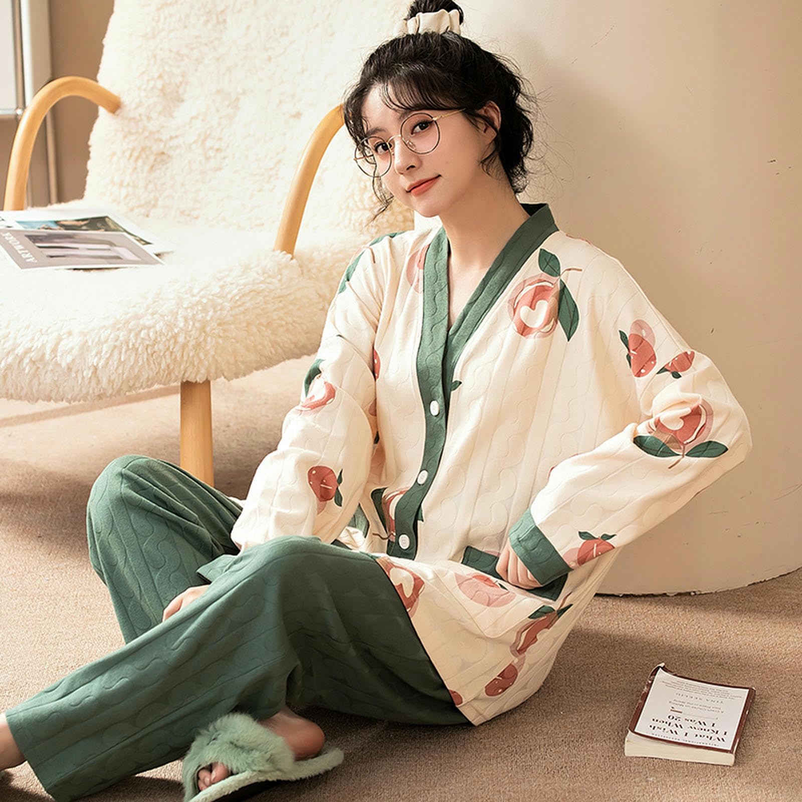 NOGRAX Pijama Conjunto De Pijamas De Manga Larga De Algodón para Mujer, Pijamas Femeninos Suaves Y Sueltos con Cuello En V, Otoño E Invierno