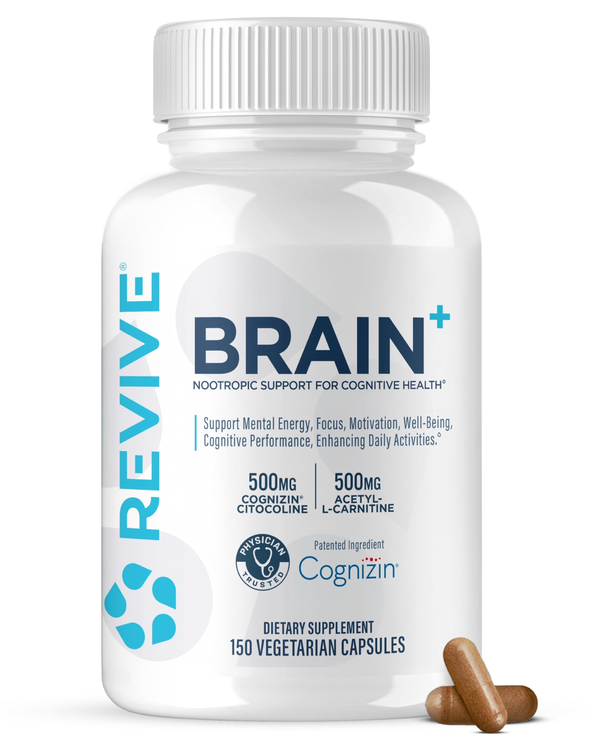 Revive MD Brain Supplements for Memory and Focus, Brain Plus, 150 Capsules - Stimulant Free Natural Supplement with No Fillers Supports Cognitive Function, Memory & Focus - Vegan, Gluten & Soy Free