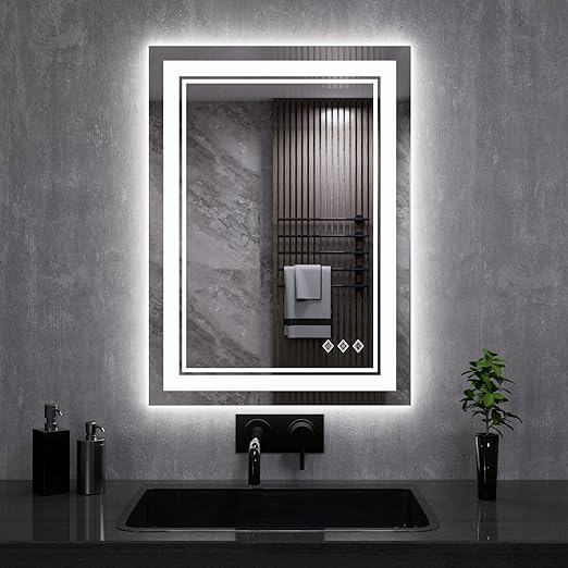 LED Mirror, 20x28 Inch Gradient Front and Backlit LED Bathroom Mirror, 3 Colors Dimmable CRI>90, IP54 Enhanced Anti-Fog Bathroom Mirror with Lights