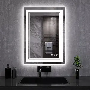 LED Mirror, 20x28 Inch Gradient Front and Backlit LED Bathroom Mirror, 3 Colors Dimmable CRI>90, IP54 Enhanced Anti-Fog Bathroom Mirror with Lights