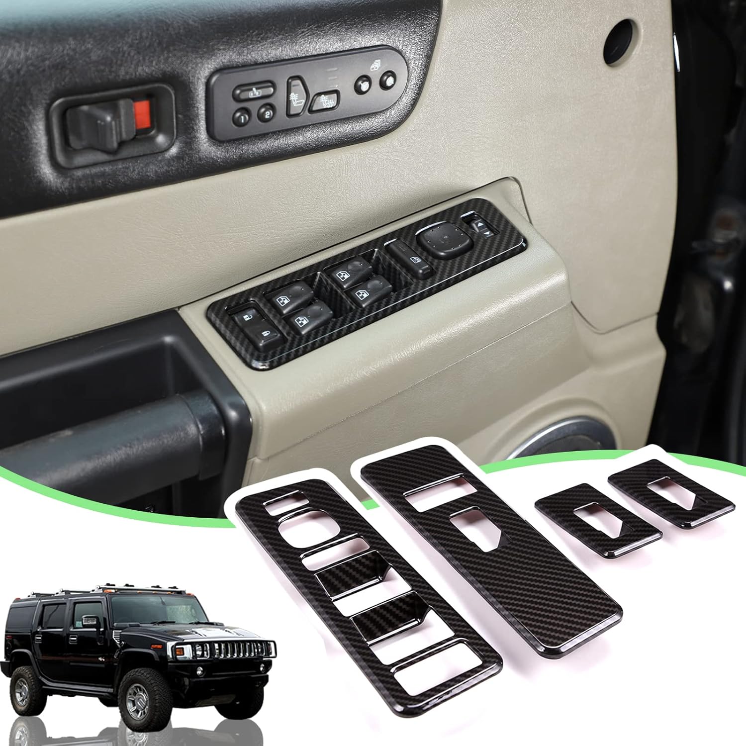 Inner Window Switch Panel Cover for Hummer H2 2003-2007,Window Lift Switch Cover Interior Button Trim Kit,1 Set of 4,Interior Accessories (Carbon Fiber Style)