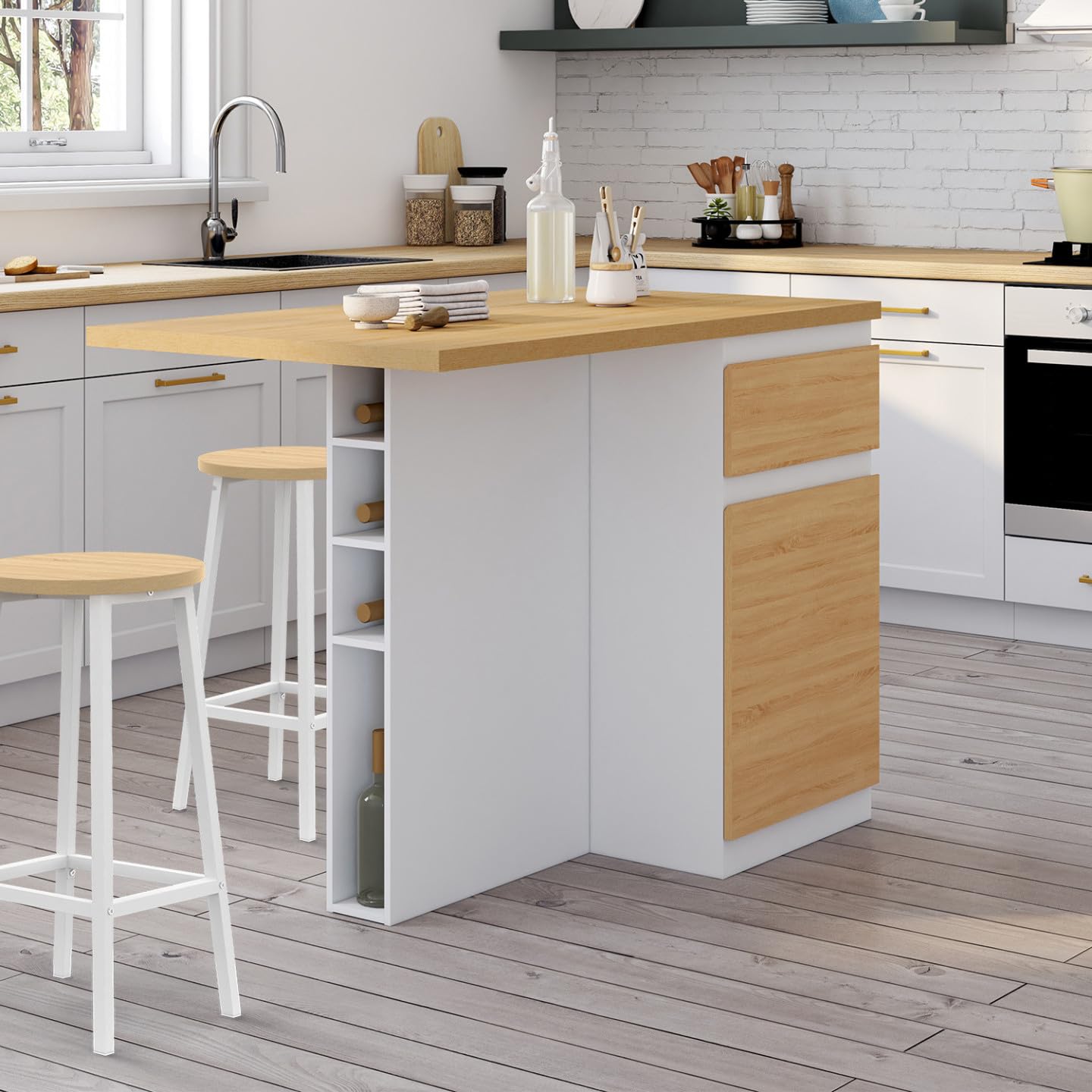 IDMarket - Ilot Central Tino 120 cm avec Range-Bouteilles 4 Personnes Bois Blanc avec Plan de Travail façon hêtre