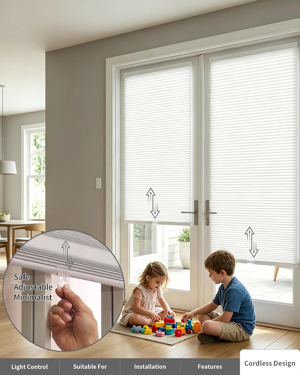 No Drill Blackout Cellular Shades for French Doors, 1 Pack, 24"x70", White