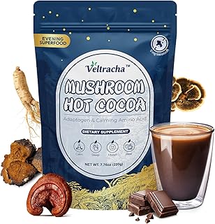 Veltracha Magnesium Hot Cocoa, Mushroom Hot Chocolate Powder with Reishi, GABA & L-Theanine, Natural Sleep Aid Drink Mix for Melatonin-Free, 20 Servings