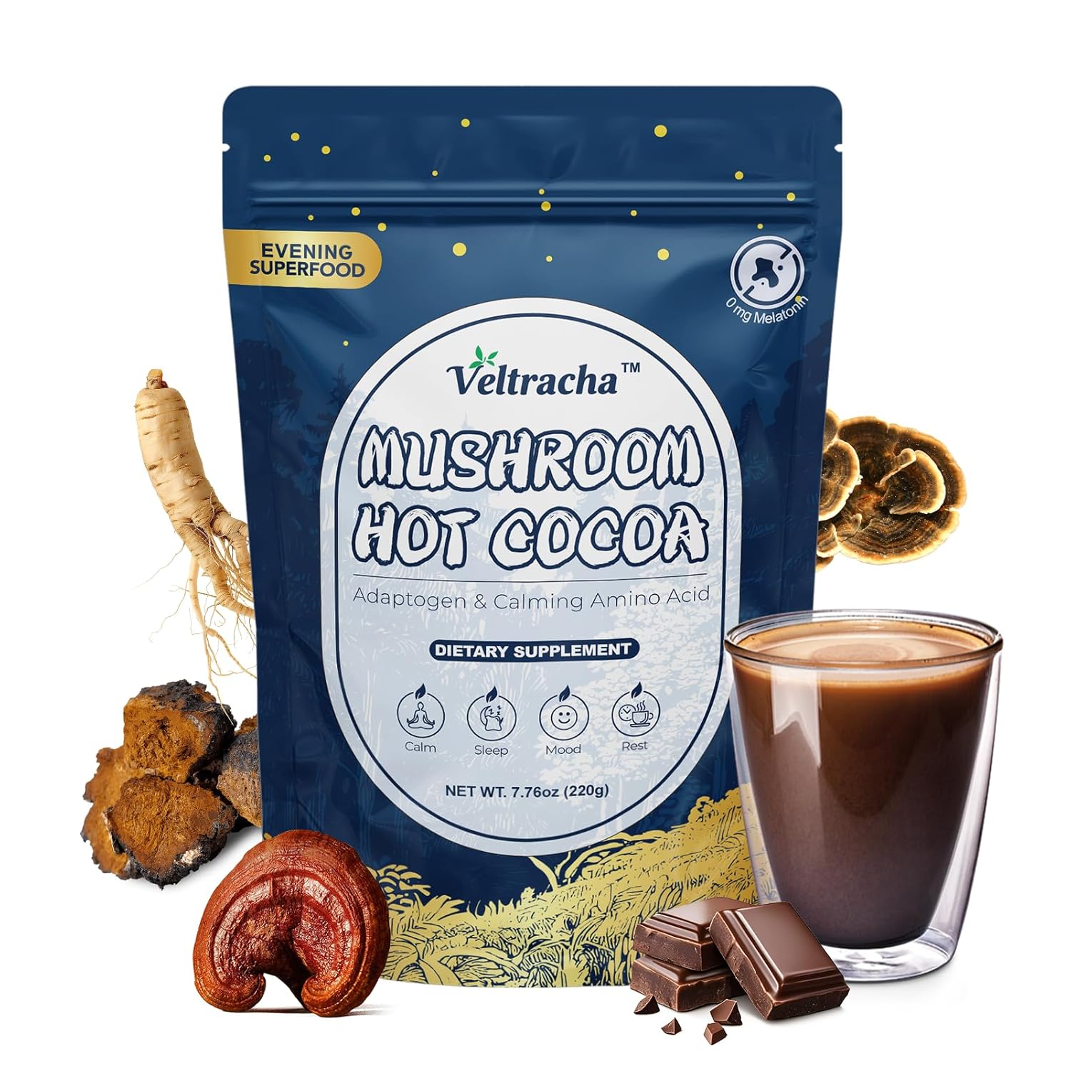 Veltracha Magnesium Hot Cocoa, Mushroom Hot Chocolate Powder with Reishi, GABA & L-Theanine, Natural Sleep Aid Drink Mix for Melatonin-Free, 20 Servings