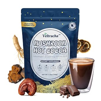 Veltracha Magnesium Hot Cocoa, Mushroom Hot Chocolate Powder with Reishi, GABA & L-Theanine, Natural Sleep Aid Drink Mix for Melatonin-Free, 20 Servings