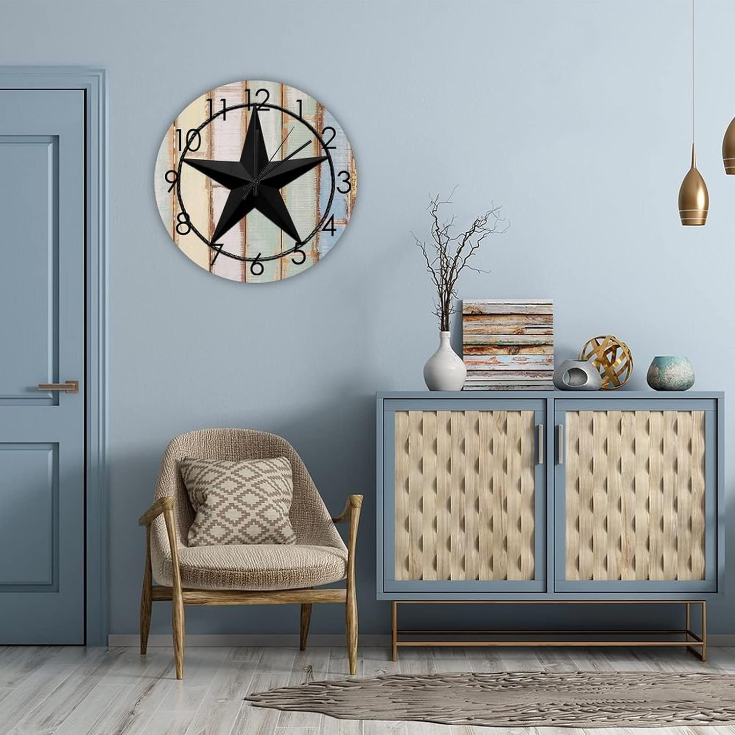 Wall Clock Texas Star Silent Battery Operated Vintage Wall Wooden Clock Vintage Western Country Wall Decoration for Bedroom Living Room Entrance Kitchen Cottage