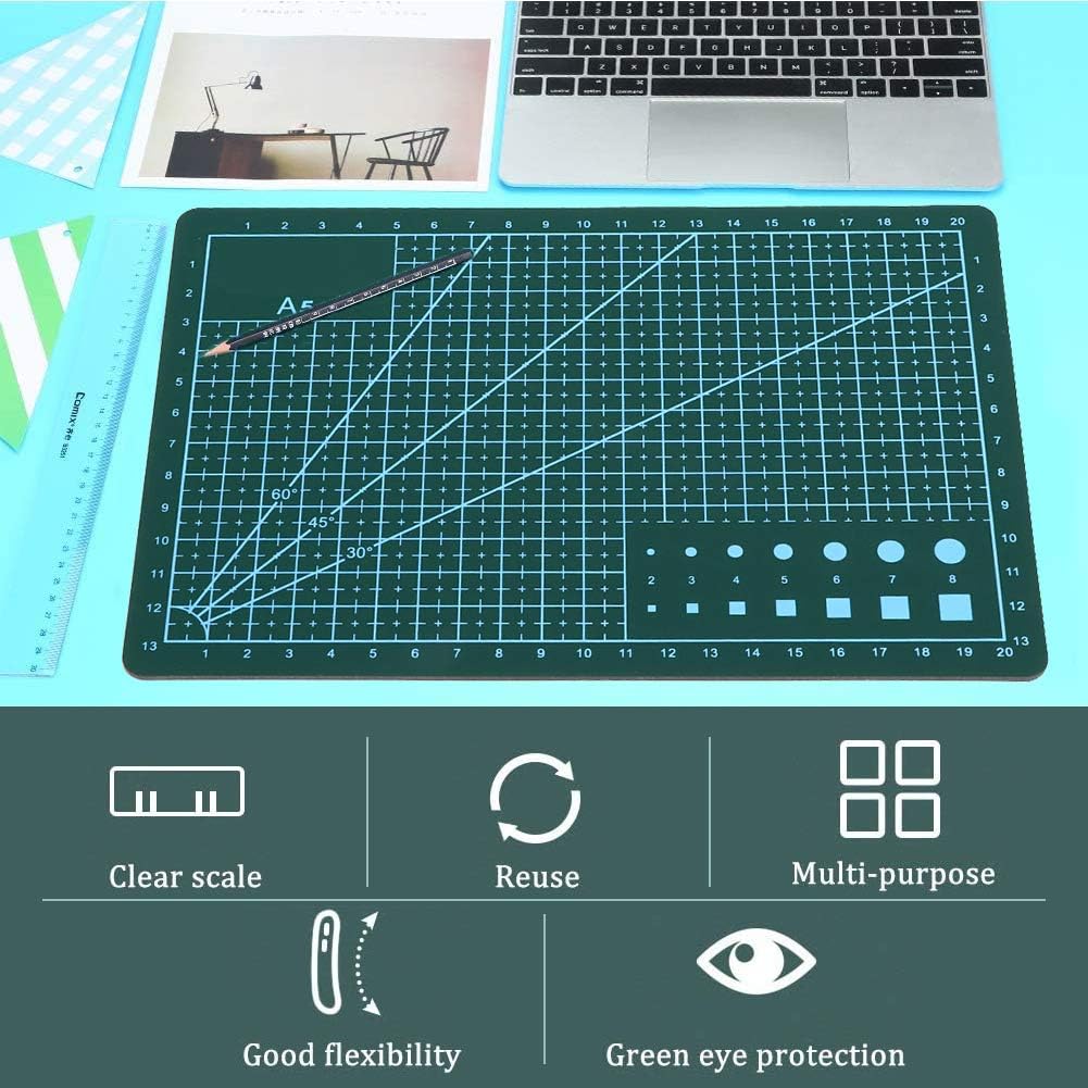 A5 Self Healing Cutting Mat, Professional Non-Slip Cutting Surface with Grid Ruler for Arts and Crafts, 8 by 6 Inches (Green)