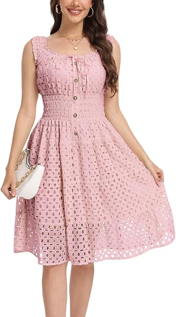 Womens 2026 Summer Short Dress Square Neck Hollow Out Lace Casual Beach Dresses