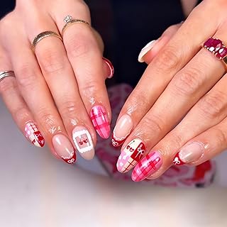 Romantic Valentines Press on Nails Red French Tip False Nails Pink Stripe Bow Cherry Flower Design Glue on Nail Glossy Short Oval Valentines Stick on Nail for Women DIY Manicure